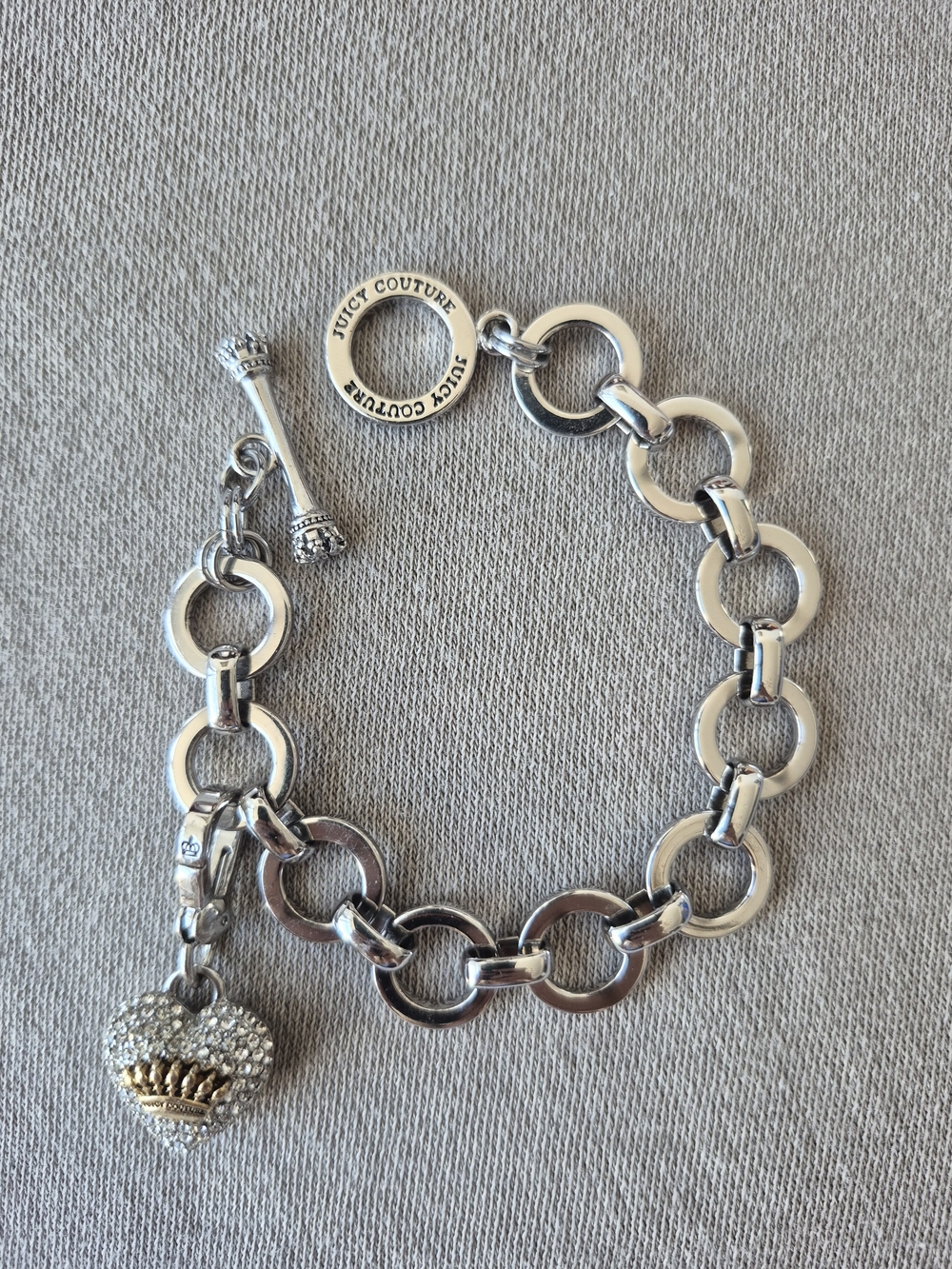 Juicy Couture Silver Link Bracelet with Crystal Heart & Gold Crown Charm
